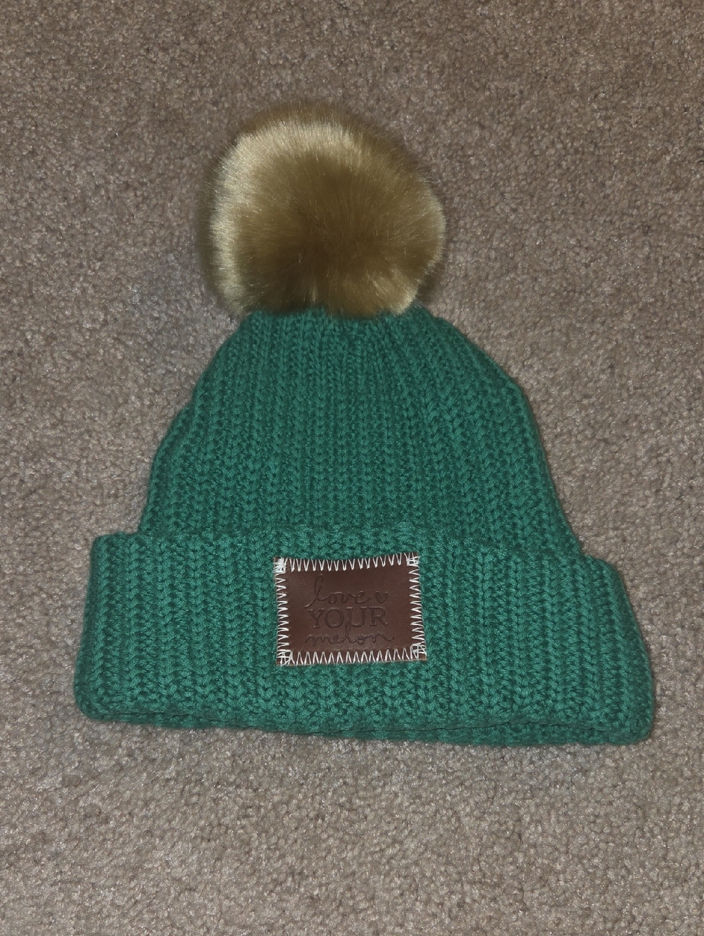 Green Knit Beanie with Faux Fur Pom